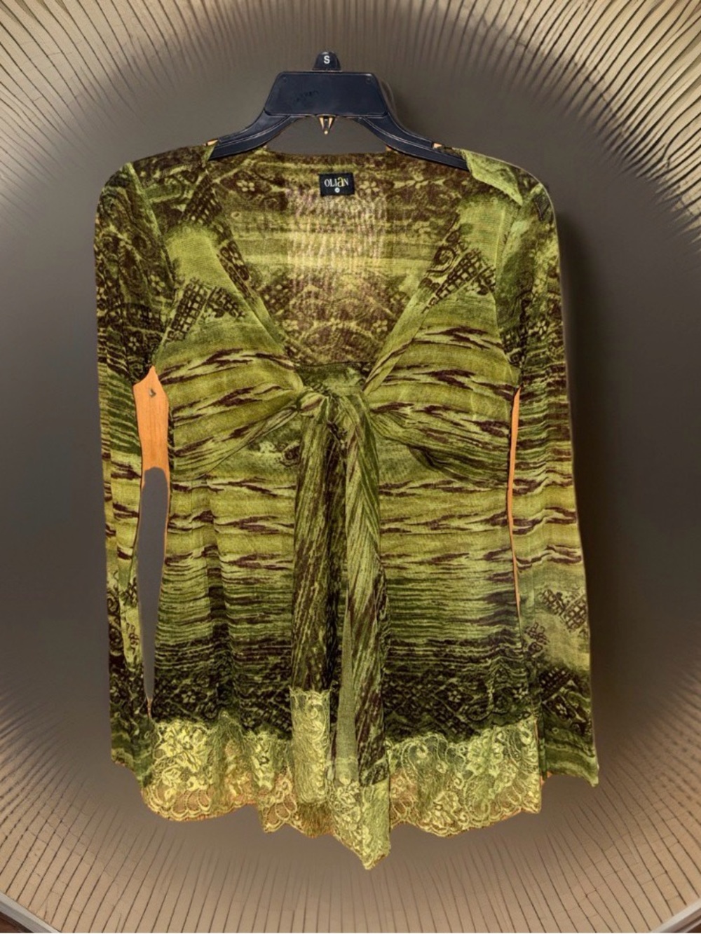 Olian Shear Olive Green Tie-Front Long Sleeve Tunic with Lace Hem-M-EC